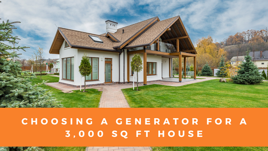 Modern two-story house with a well-kept lawn and landscaping, text overlay states 'Choosing a Generator for a 3,000 Sq Ft House