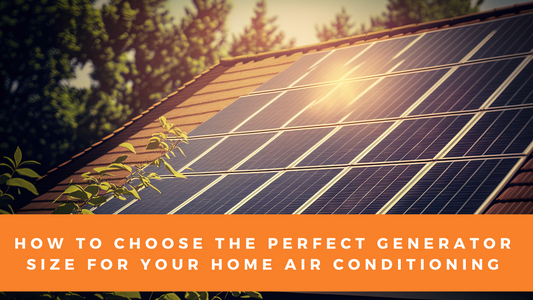 Solar panels on a rooftop with sunlight flaring through the trees, with a text overlay 'How to Choose the Perfect Generator Size for Your Home Air Conditioning'.