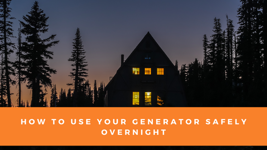 An image displaying a message 'How to use your generator safely overnight' with an orange banner at the bottom. The background shows a silhouette of a forest and a cabin with lit windows against a twilight sky.
