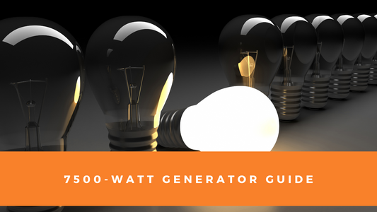 A line of light bulbs on a reflective surface, with one illuminated, and the caption '7500-WATT GENERATOR GUIDE' on an orange banner at the bottom
