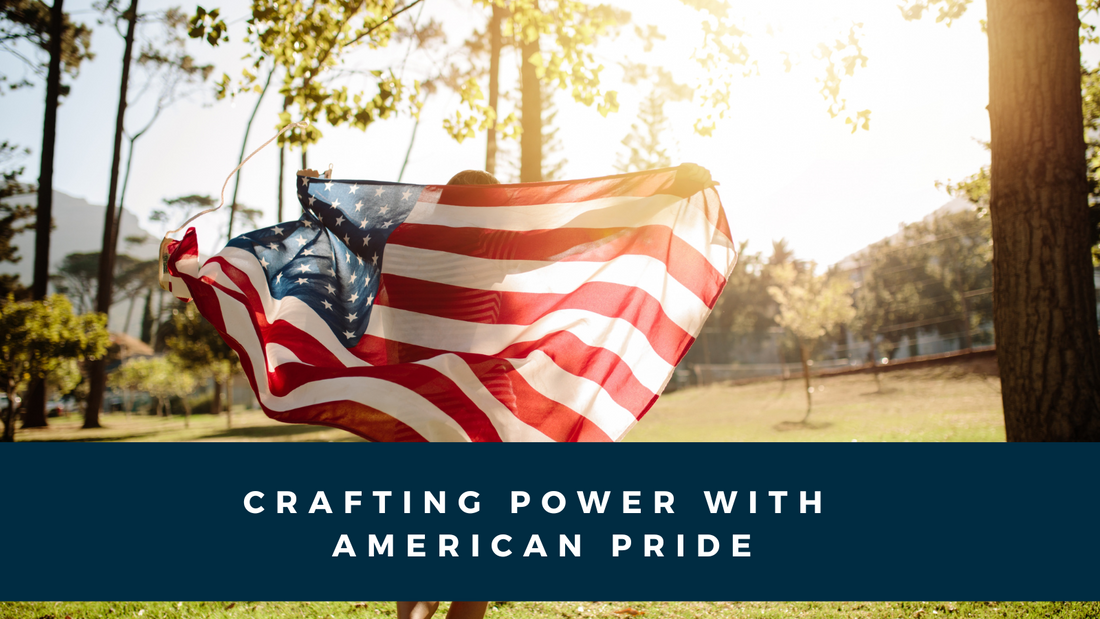 Person holding an American flag in a sunny park with the text 'Crafting Power with American Pride' overlaying the image.