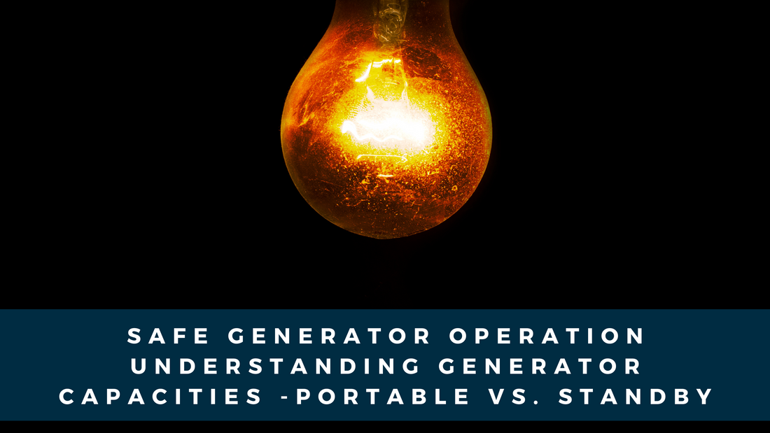 Illuminated light bulb with text overlay reading 'Safe Generator Operation - Understanding Generator Capacities - Portable vs. Standby